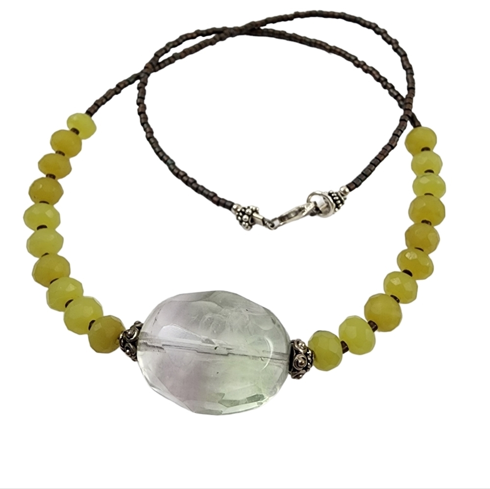 Dainty fluorite pendant necklace yellow aventurine faceted beads sterling silver